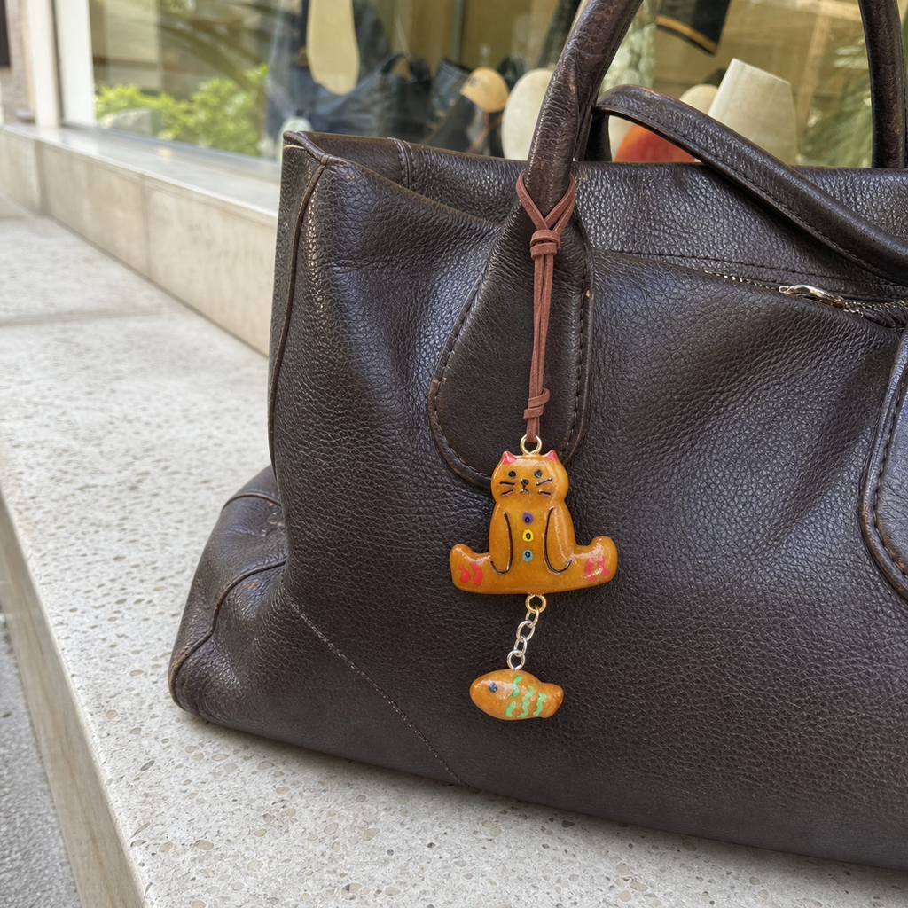 Miso cat bag charm displayed on a brown handbag