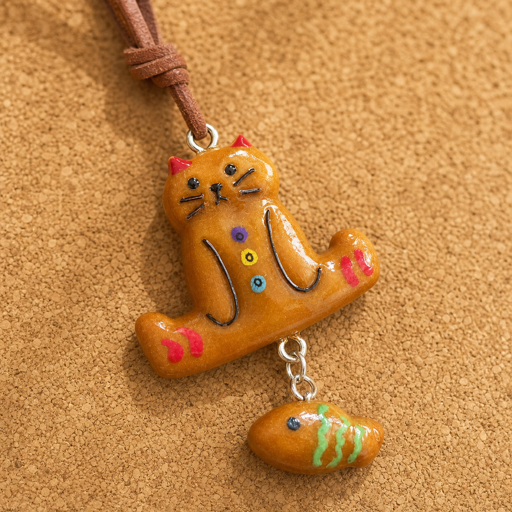 Detailed close-up of Miso cat and fish charm