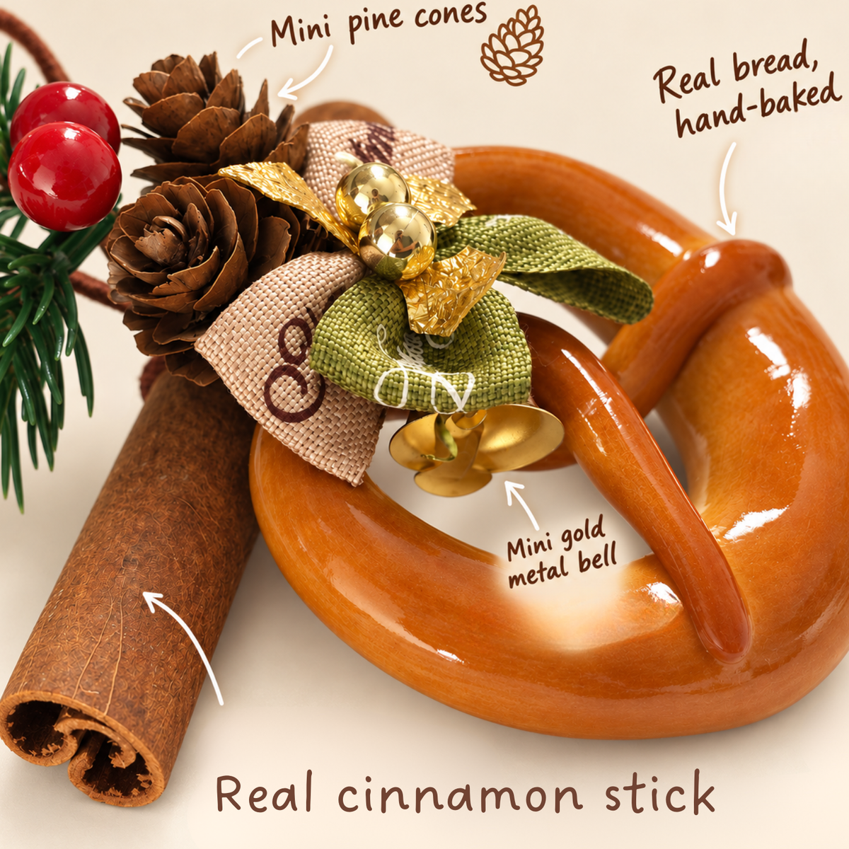 Classic Cinnamon Pretzel — Handmade Real Bread Christmas Ornament