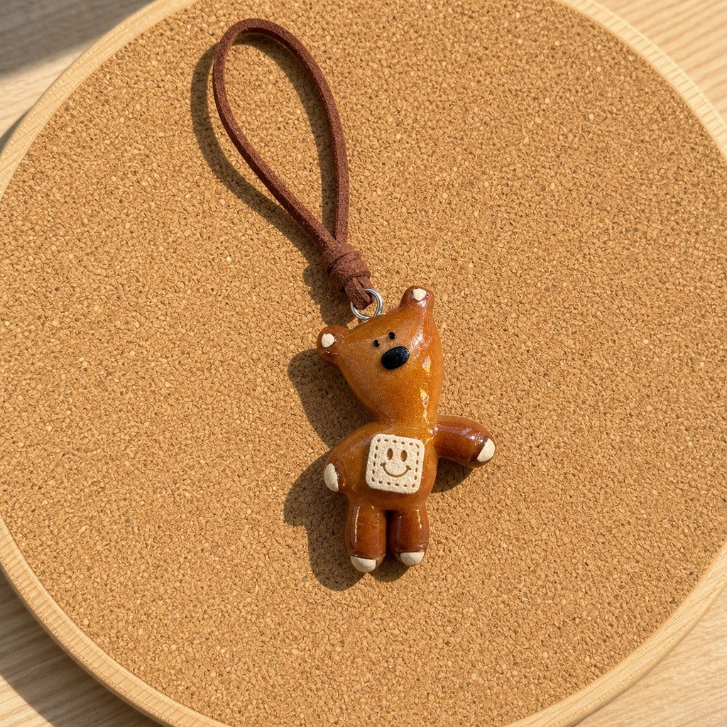 Cozy Patch Bear handmade real bread bag charm on cork board
