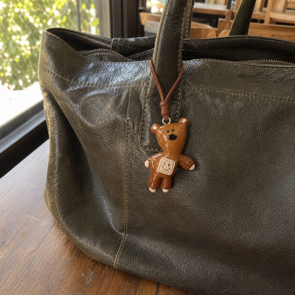 Cozy Patch Bear bread charm on an olive leather handbag