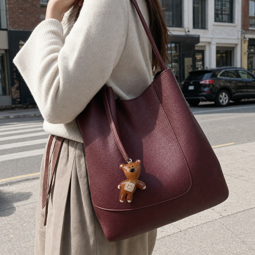 Cozy Patch Bear bag charm on a burgundy handbag in a street scene