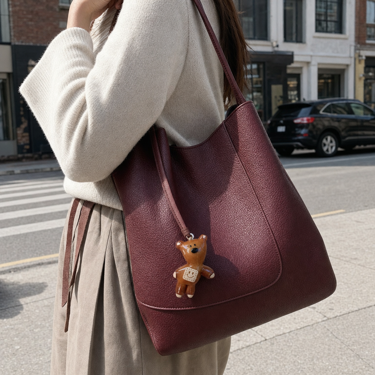 Cozy Patch Bear bag charm on a burgundy handbag in a street scene