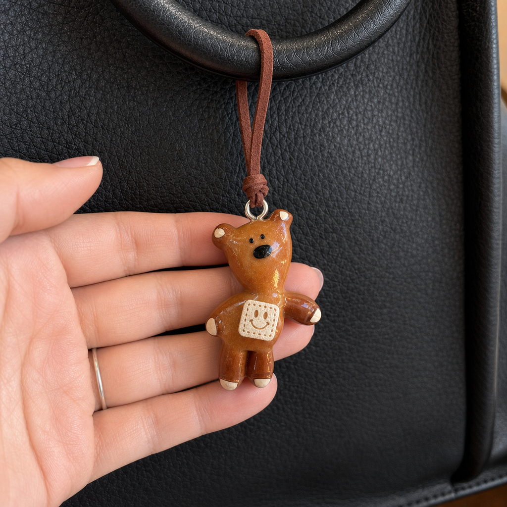 Close-up of Cozy Patch Bear charm with smile leather belly patch