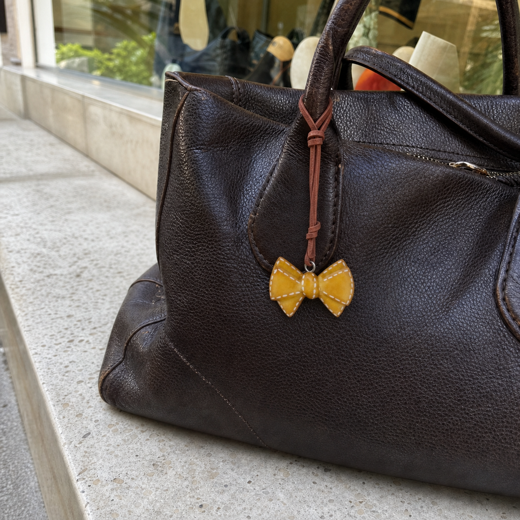 Golden Bow Buddy bag charm displayed on a brown handbag