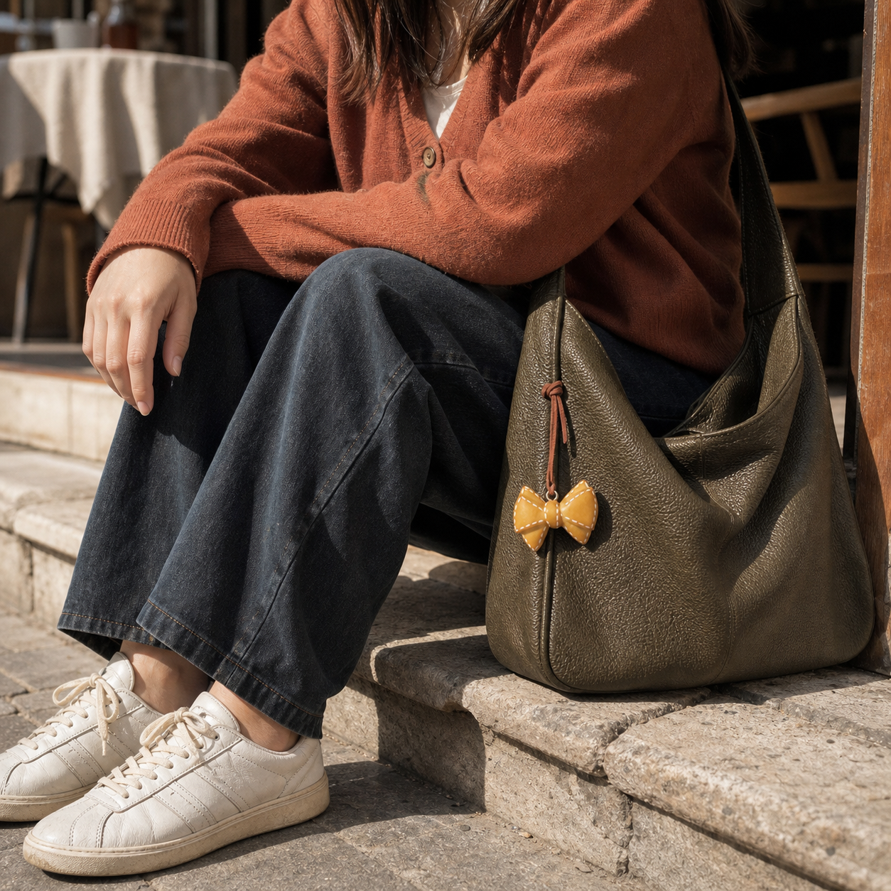 Golden Bow Buddy bag charm street-style view