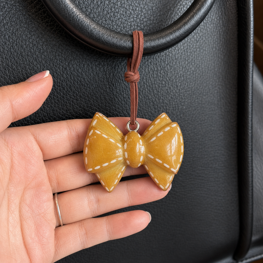 Close-up of Golden Bow Buddy bag charm