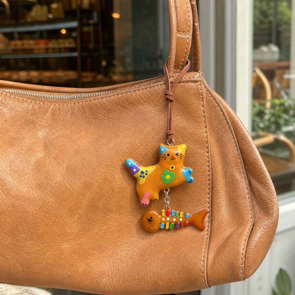 Green Flower cat and fish bread bag charm hanging from a natural leather handbag