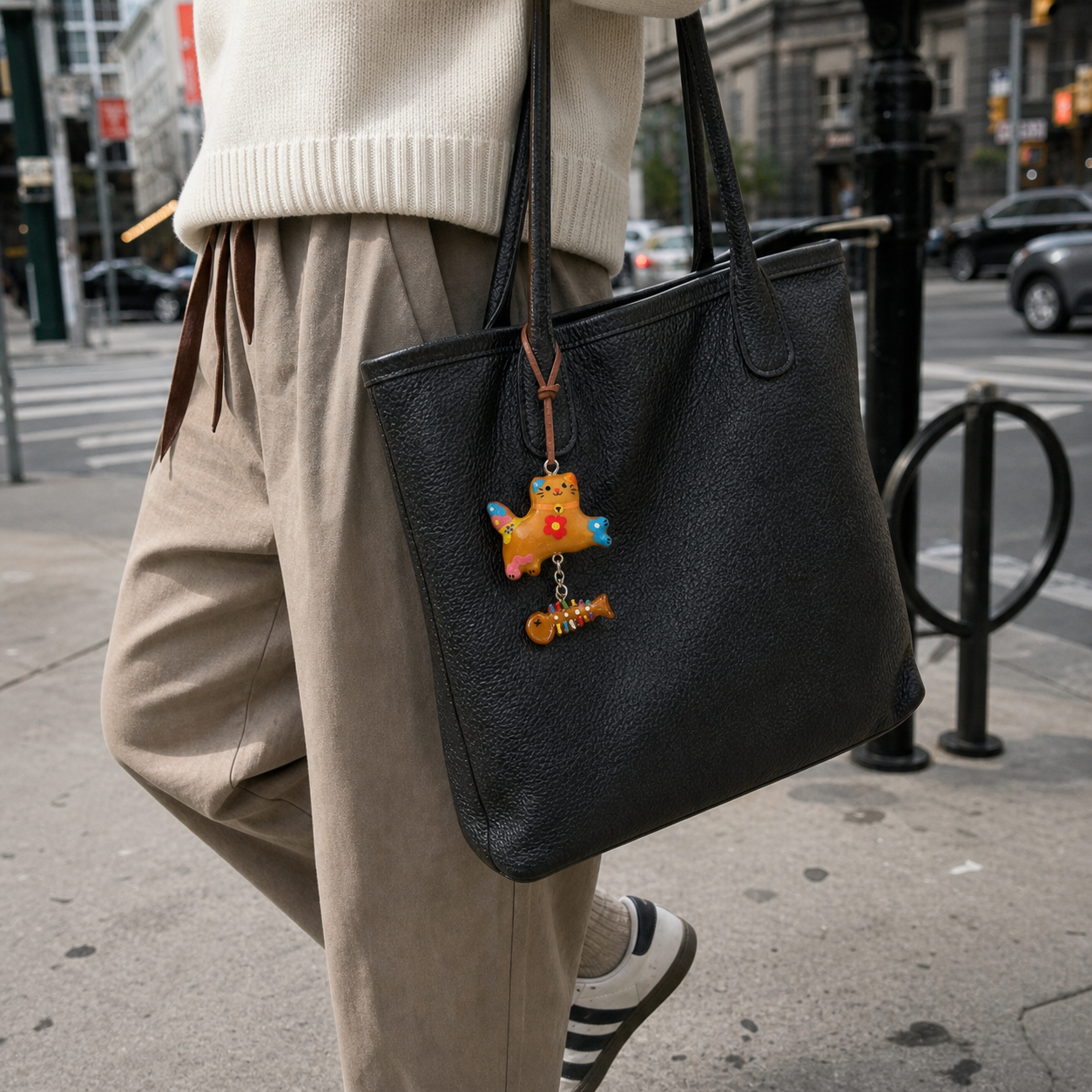 Red Flower cat and fish bread bag charm on a black handbag in a street setting