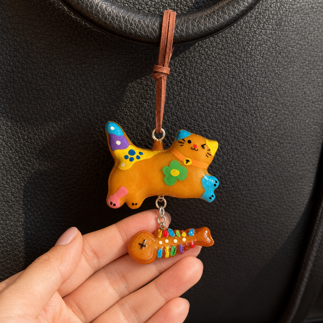 Green Flower cat and fish bread bag charm close-up on black pebbled leather