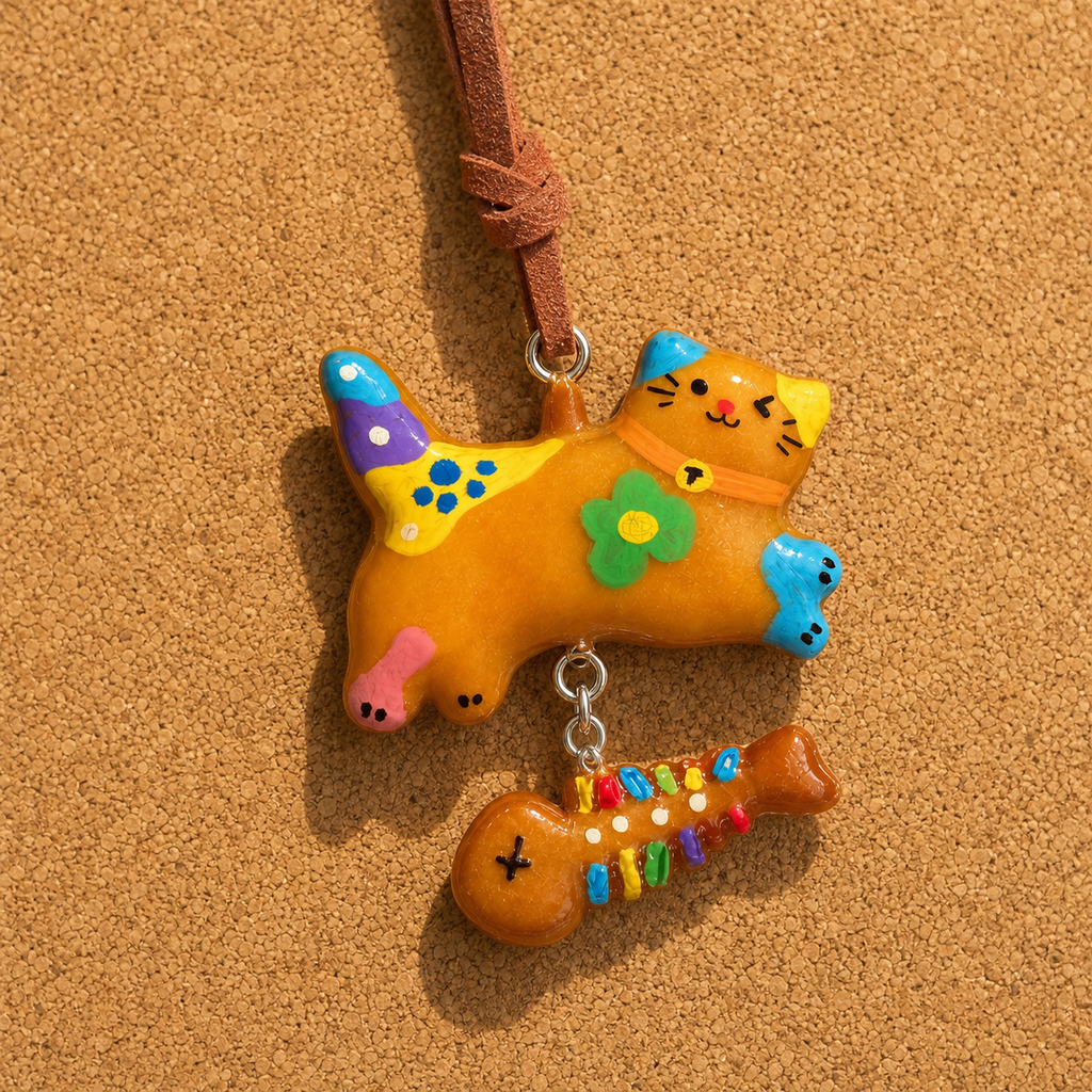 Green Flower cat and fish handmade bread bag charm material close-up