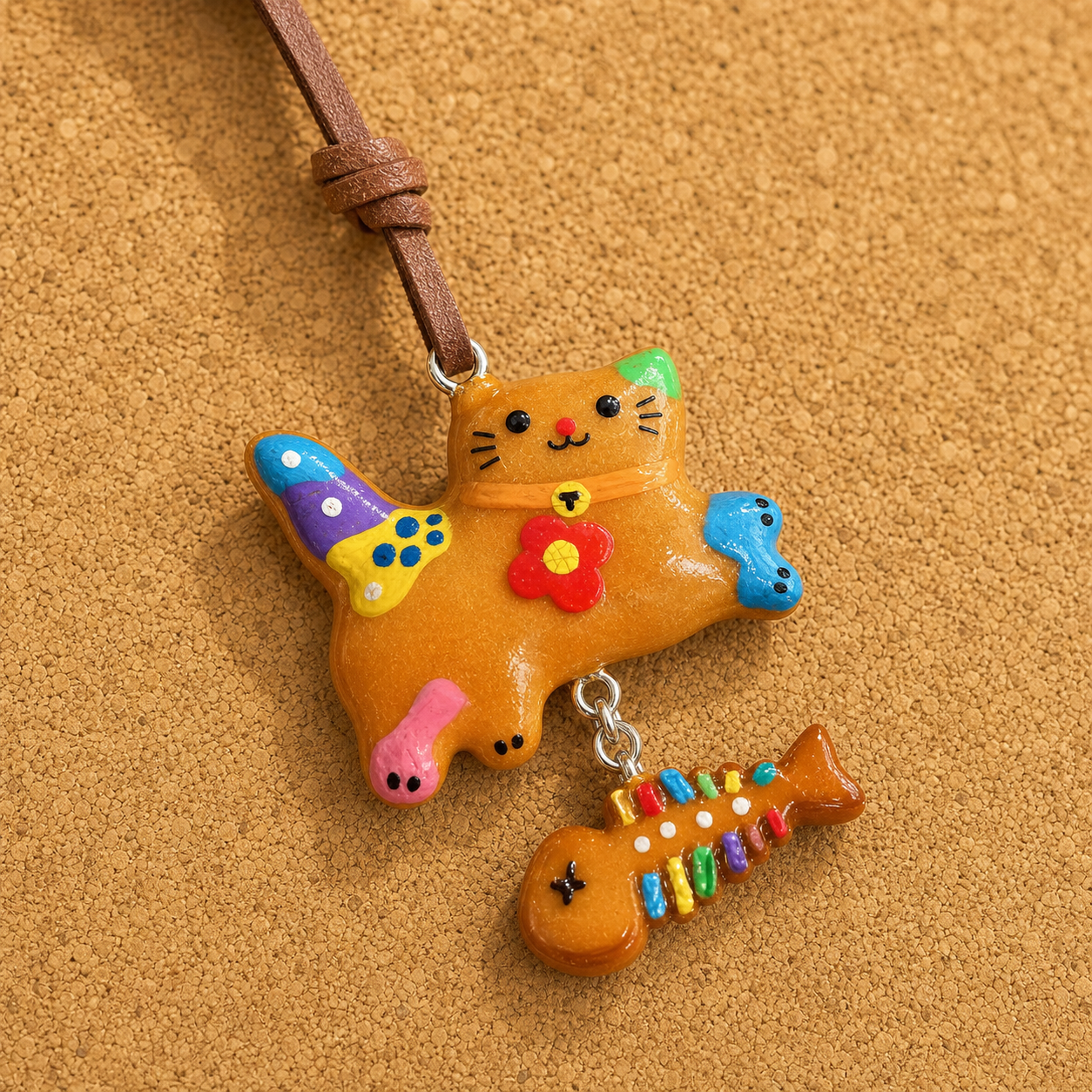Red Flower cat and fish handmade bread bag charm material close-up