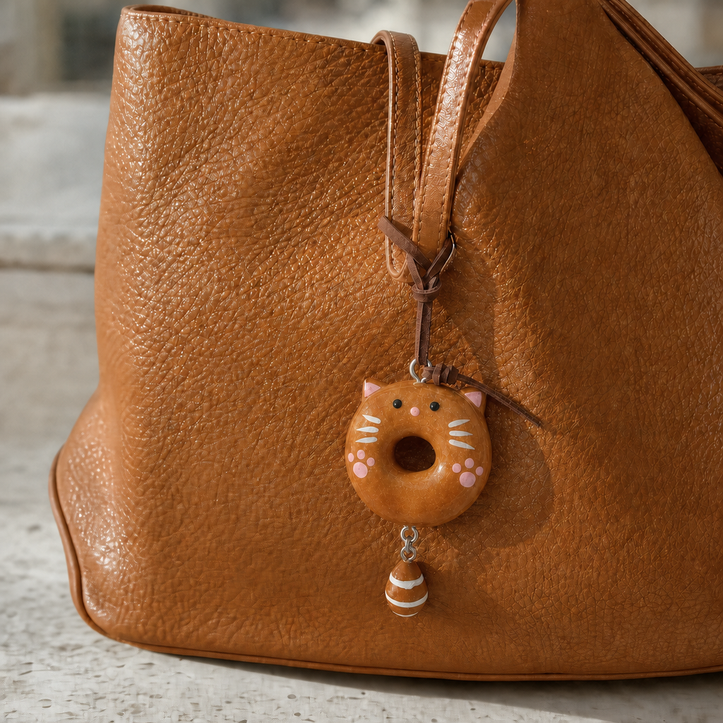 Pink Meow Donut handmade real bread charm on a tan leather handbag