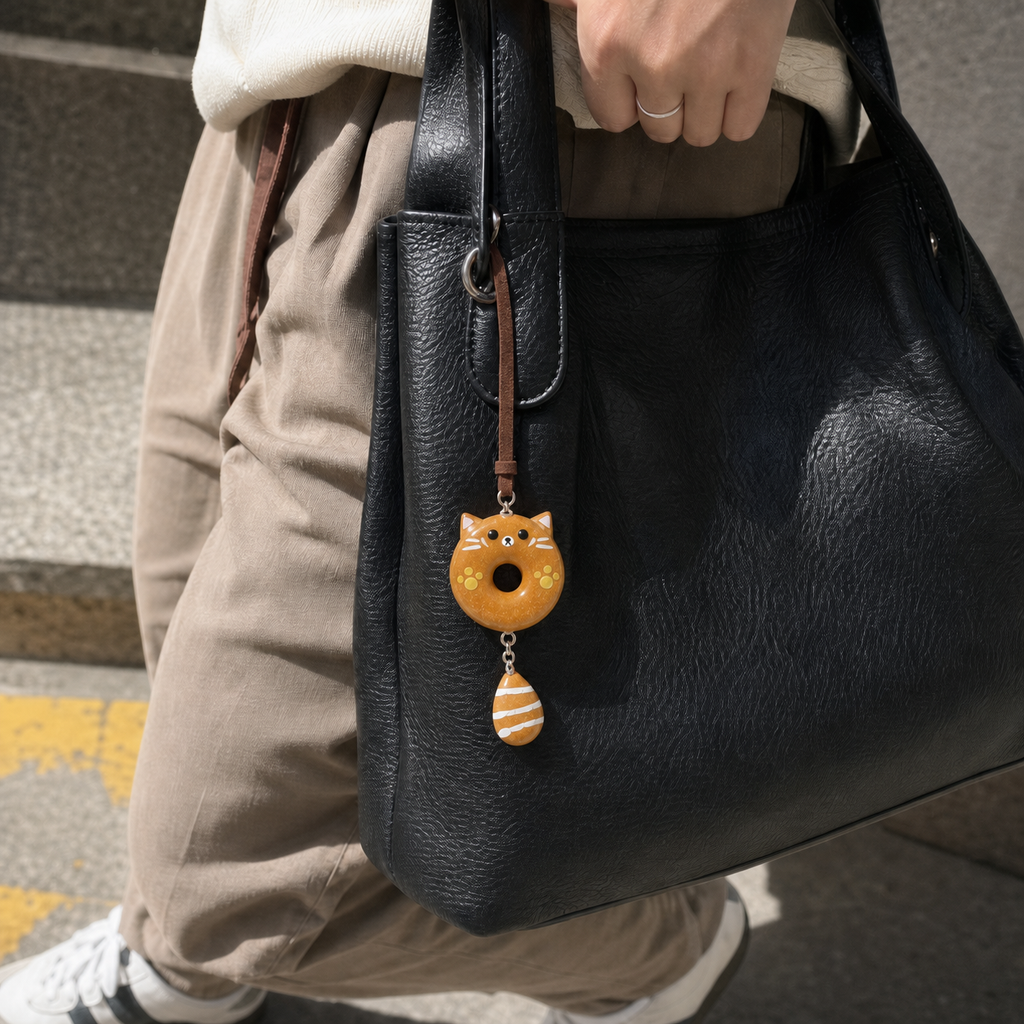 Golden Yellow Meow Donut real bread charm carried on a black handbag