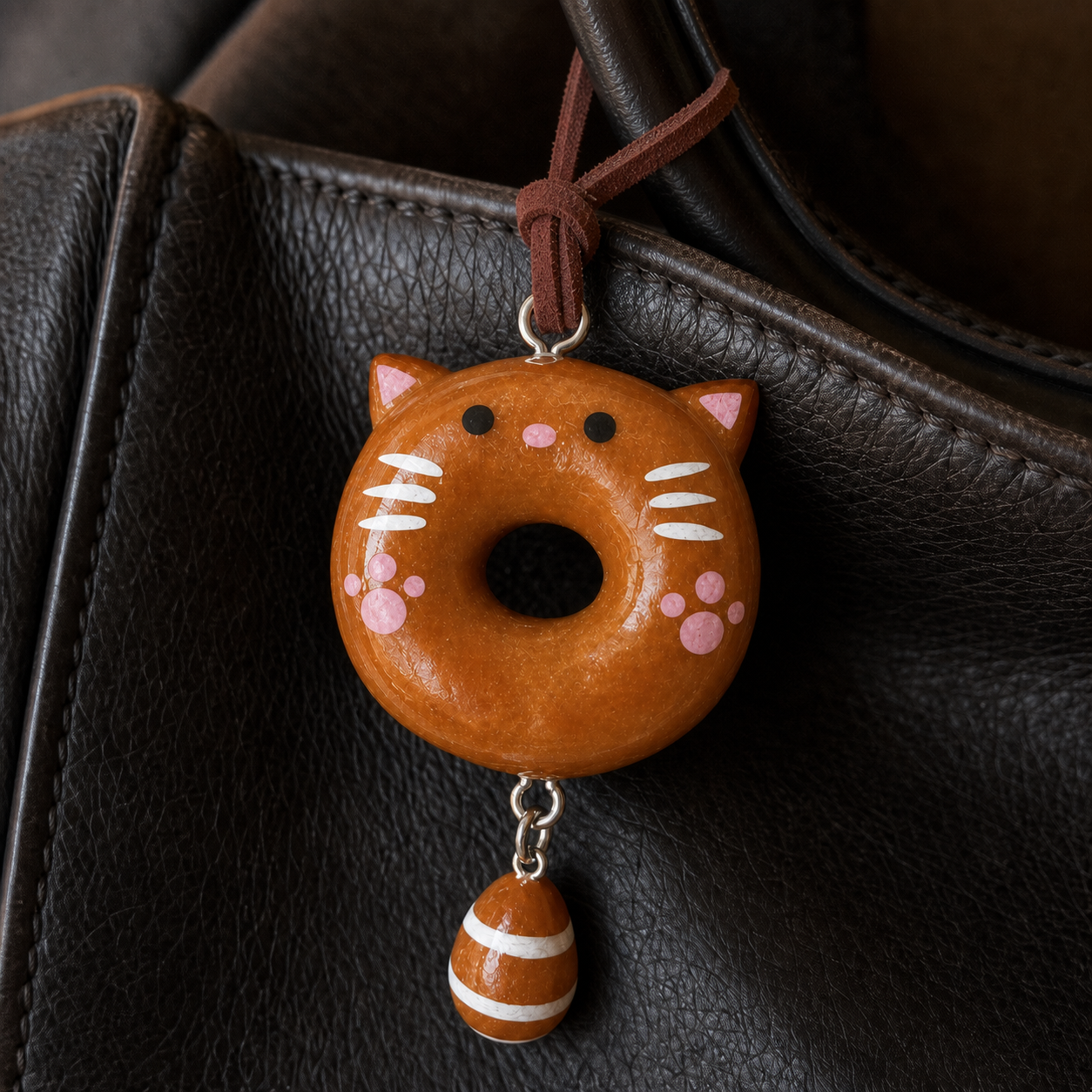 Close-up of Pink Meow Donut handmade real bread bag charm