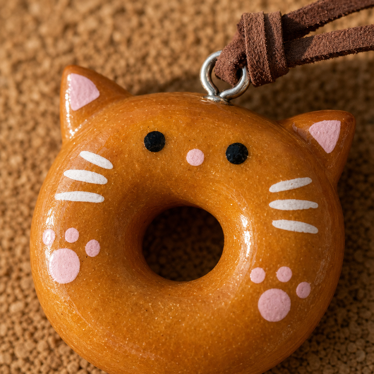 Macro detail of Pink Meow Donut hand-painted real bread charm