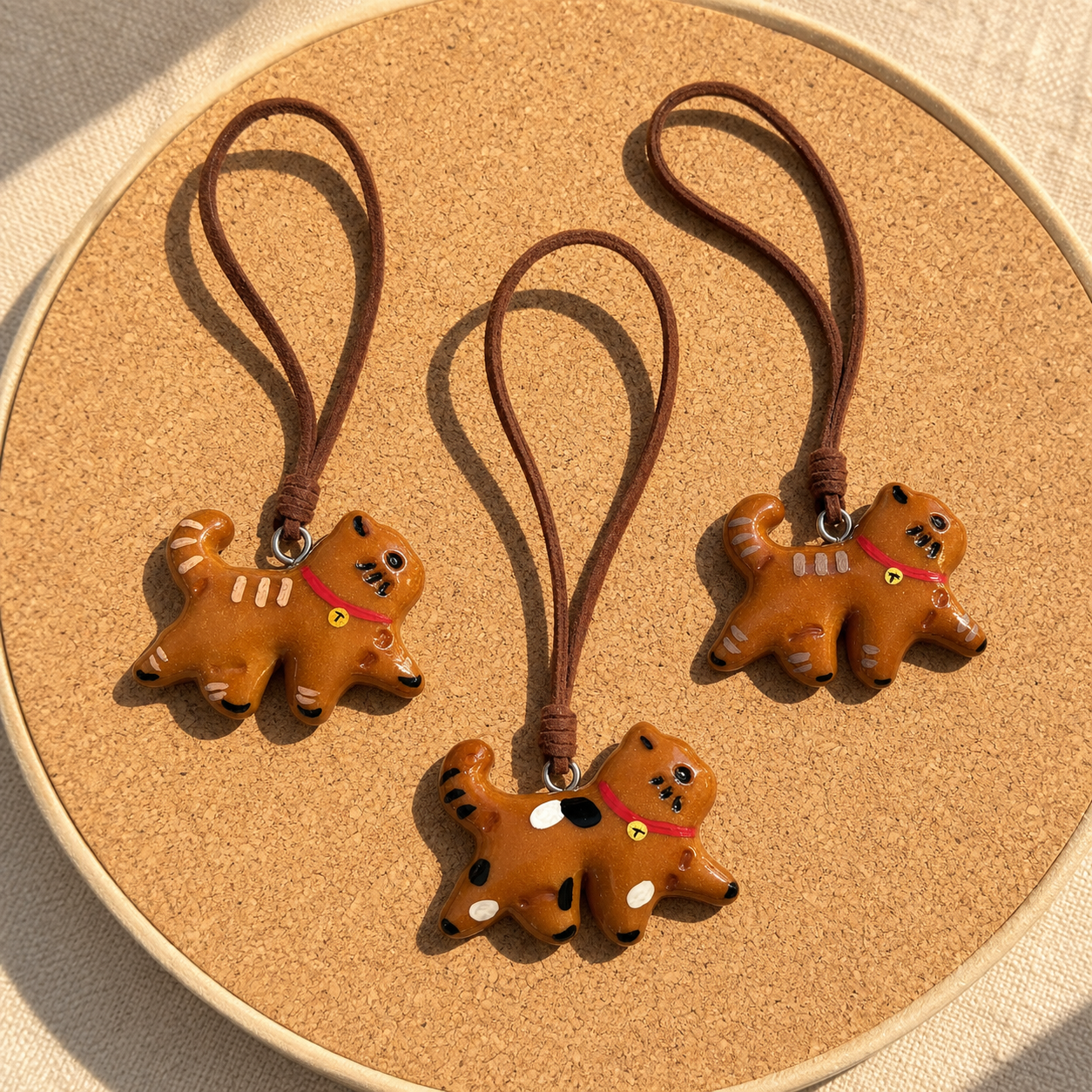 Three handmade walking cat real bread bag charms with unique hand-painted designs on a cork board