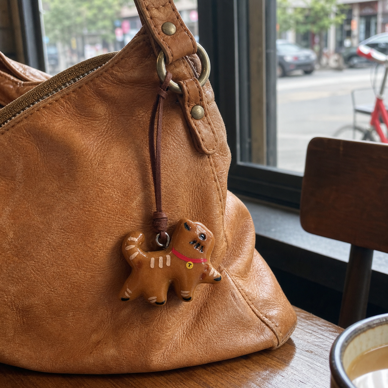 Handmade walking cat real bread bag charm hanging from a natural leather handbag