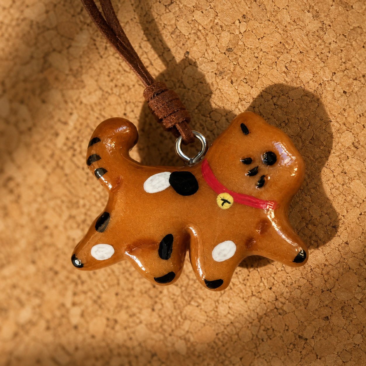 Macro detail of unique hand-painted walking cat charm baked from real bread dough