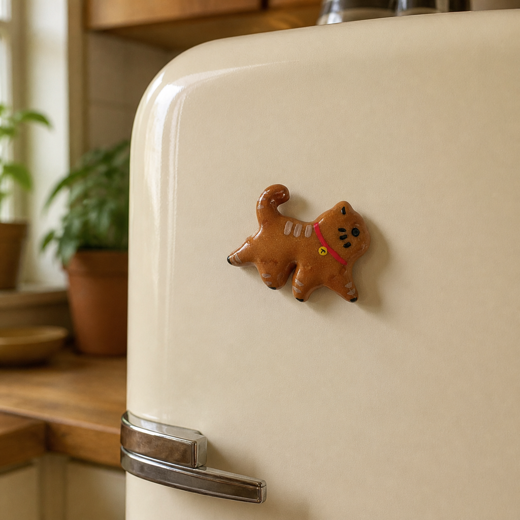Handmade walking cat real bread magnet displayed on a cream refrigerator
