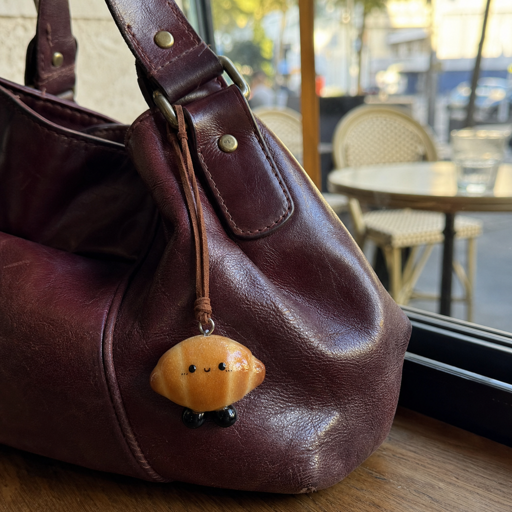 Croissant Buddy handmade real bread charm hanging from a natural leather handbag
