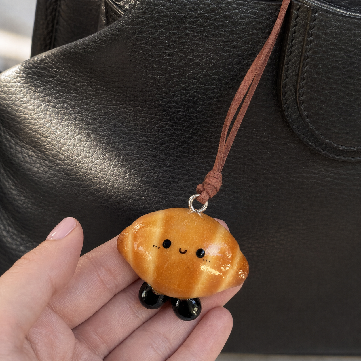 Close-up of Croissant Buddy handmade bread charm with brown hanging cord