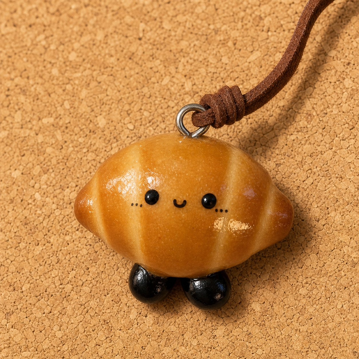 Macro detail of Croissant Buddy baked from real bread dough with a hand-painted face