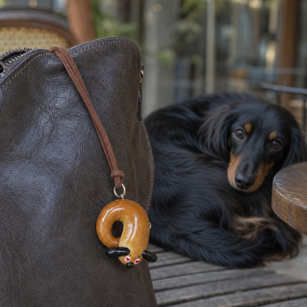 Sleepy Bagel Pup heart eyes real bread bag charm with a curled dachshund