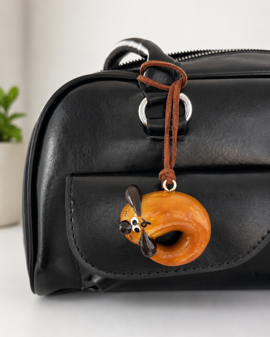 Sleepy Bagel Pup Charm — Handmade Real Bread Bag Charm