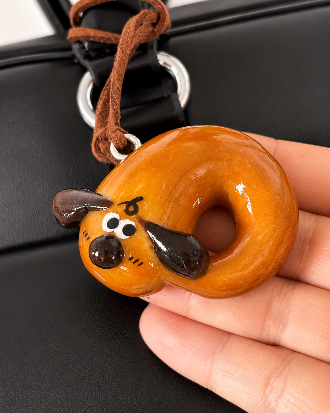 Sleepy Bagel Pup Charm — Handmade Real Bread Bag Charm