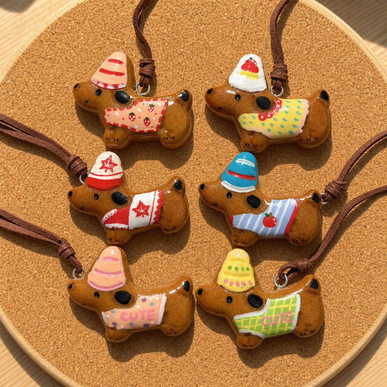 Six unique hand-painted dachshund real bread charms displayed together on cork