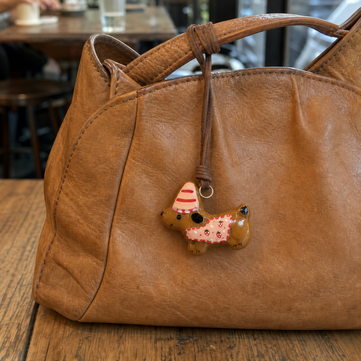 Strawberry outfit dachshund bread charm on a natural leather handbag