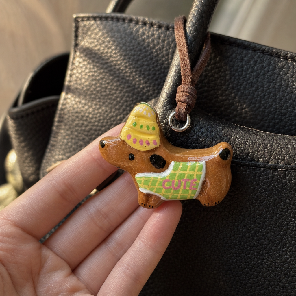 Green CUTE dachshund bread charm close-up on a black leather handbag