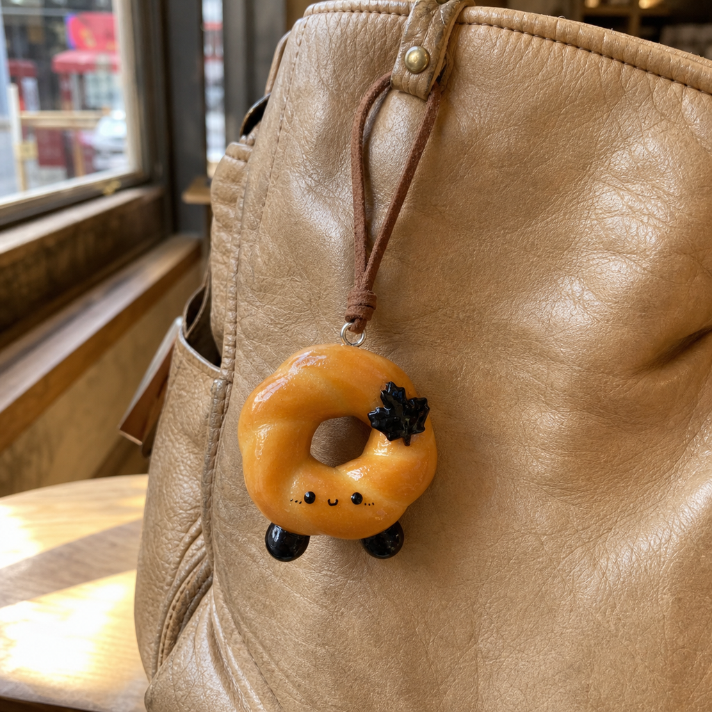 Doubie maple leaf bow bread bag charm hanging from a natural leather handbag