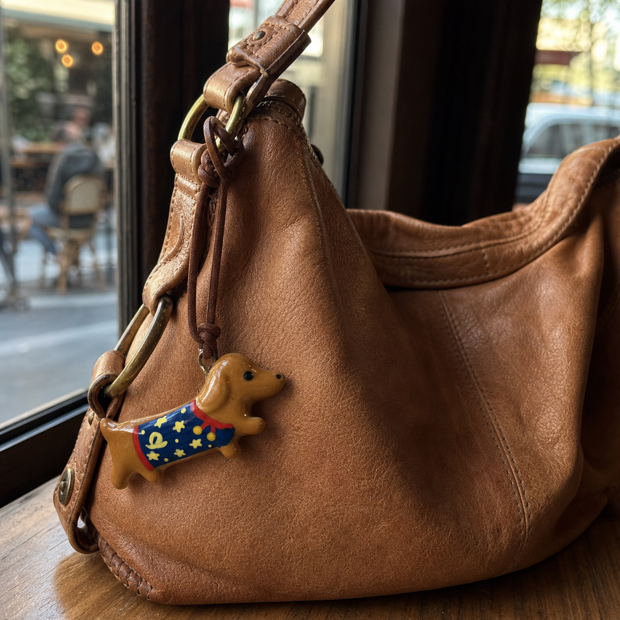 Blue starry dachshund bread bag charm on a natural leather handbag