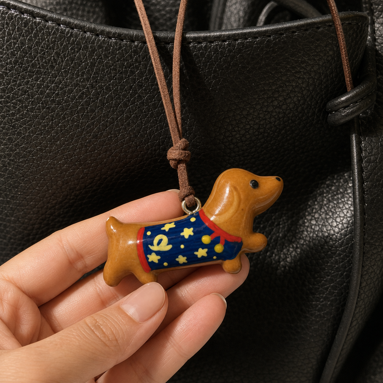 Close-up of handmade blue dachshund bread charm on black leather