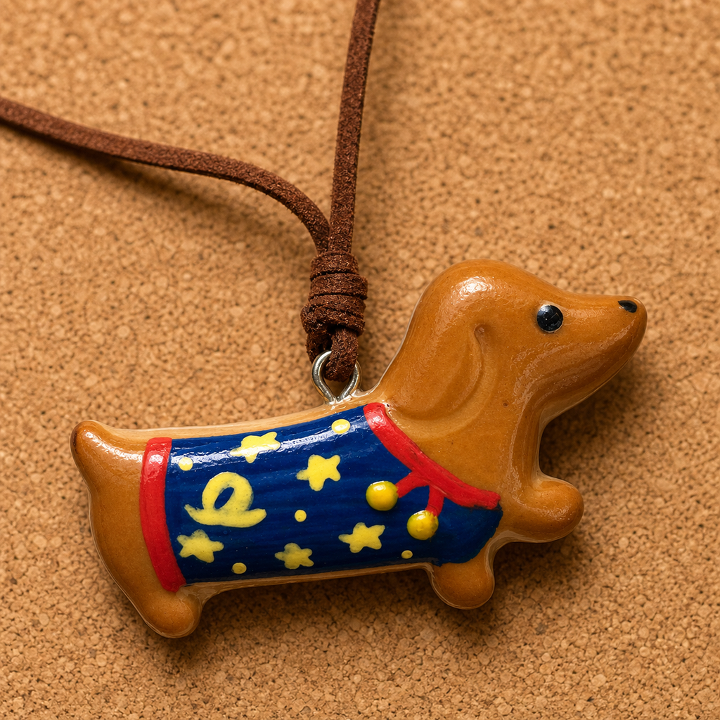 Macro view of hand-painted starry dachshund bread charm and leather cord