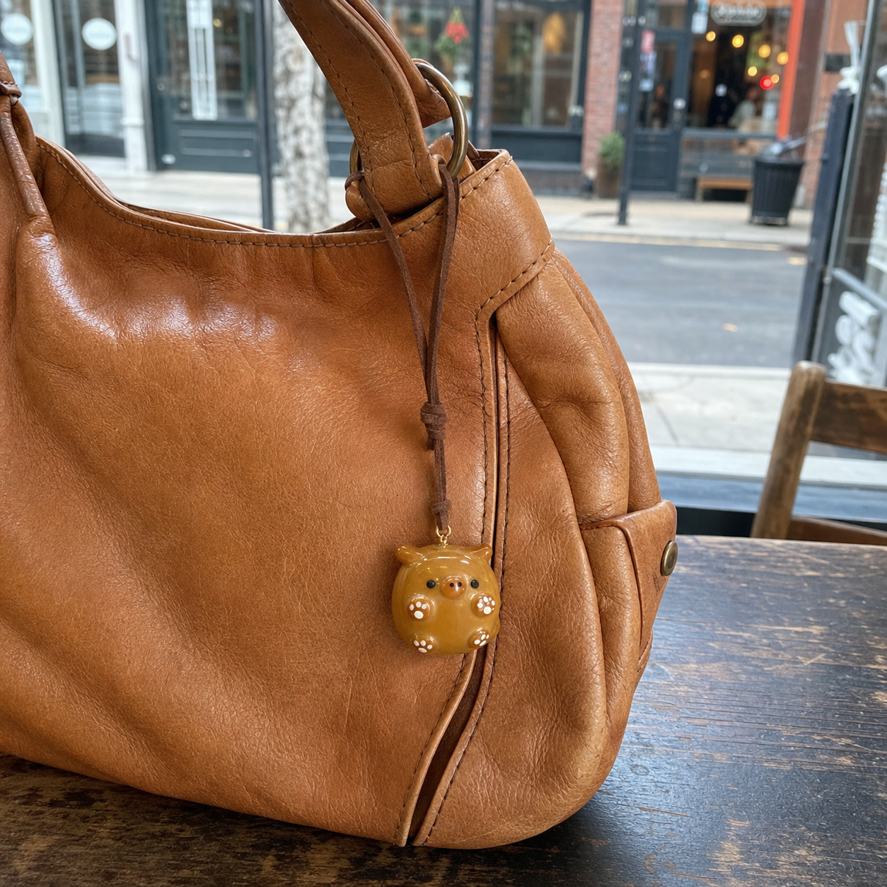 Piglet Paws real bread bag charm hanging from a natural leather handbag