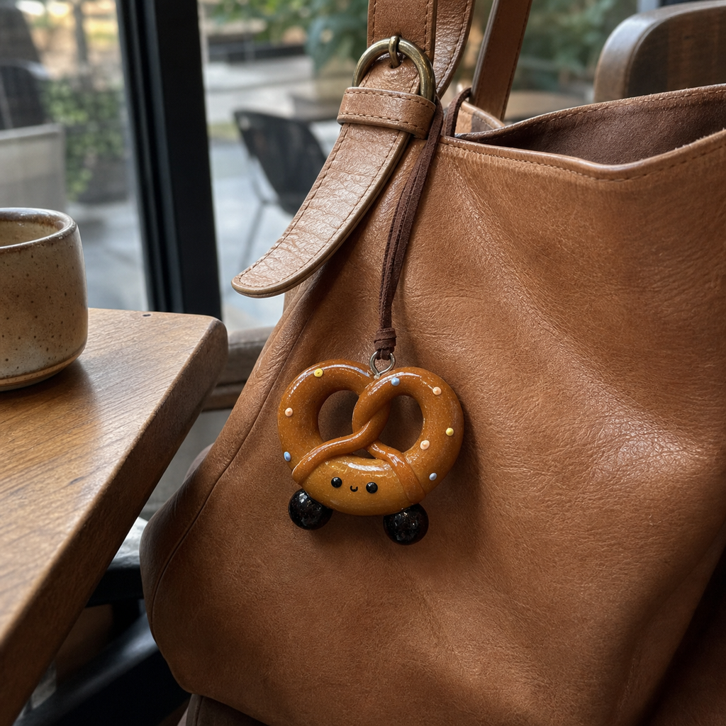 Confetti sweet pretzel handmade real bread bag charm on a natural leather handbag