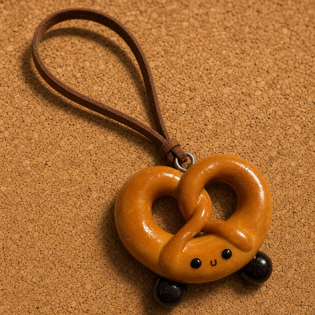 Macro detail of savoury pretzel twist charm handmade from real bread