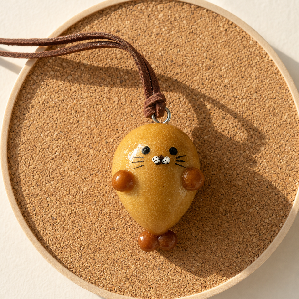 Handmade real bread seal bag charm on a round cork board