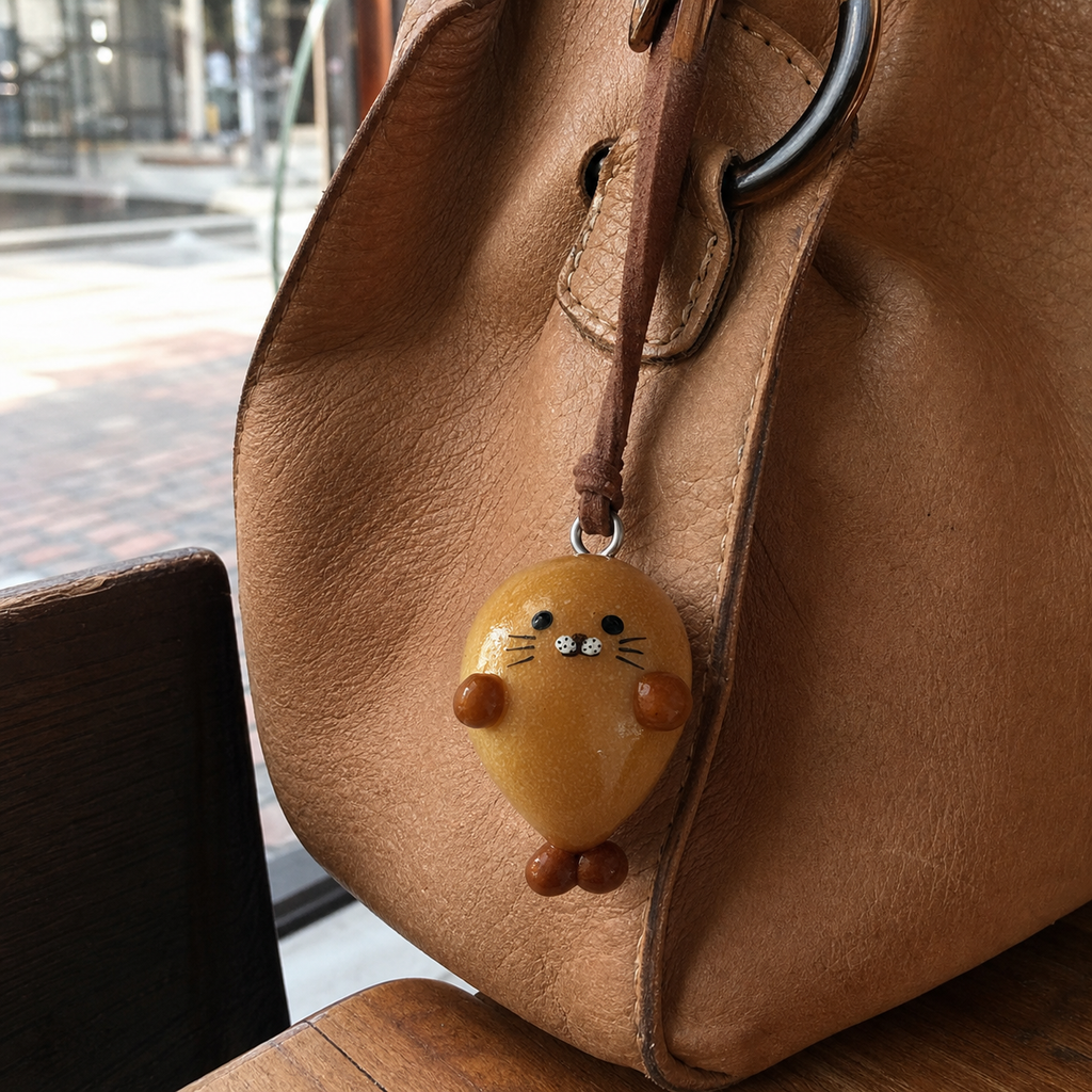 Little seal bread bag charm hanging from a natural leather handbag