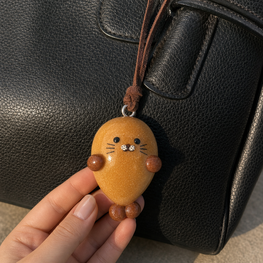 Close-up of a real bread seal charm on a black leather bag