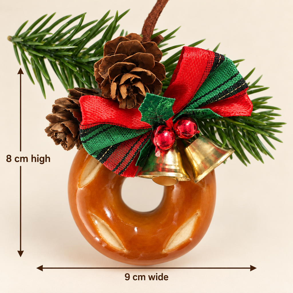 Dimensions of bagel Christmas ornament: 9 cm wide and 8 cm high, excluding cord