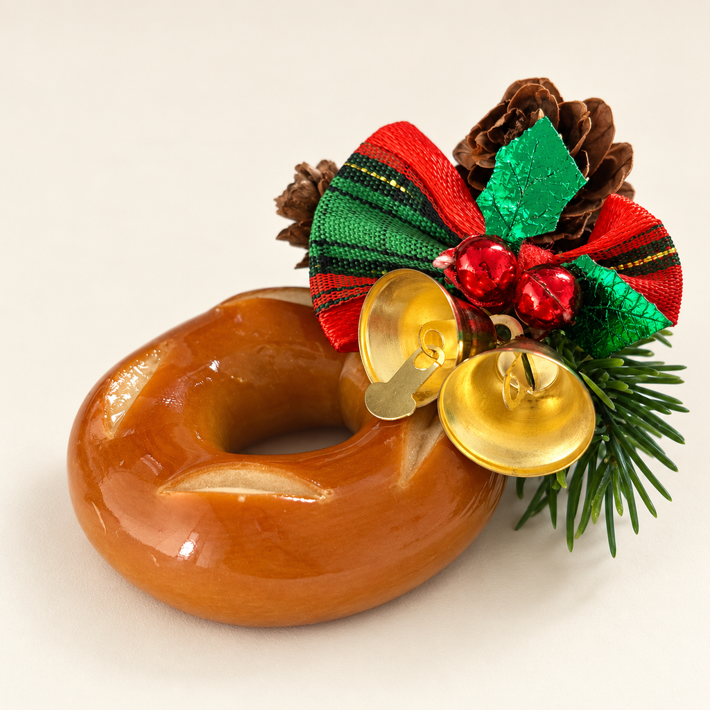 Angled view of handmade bagel ornament and gold bells