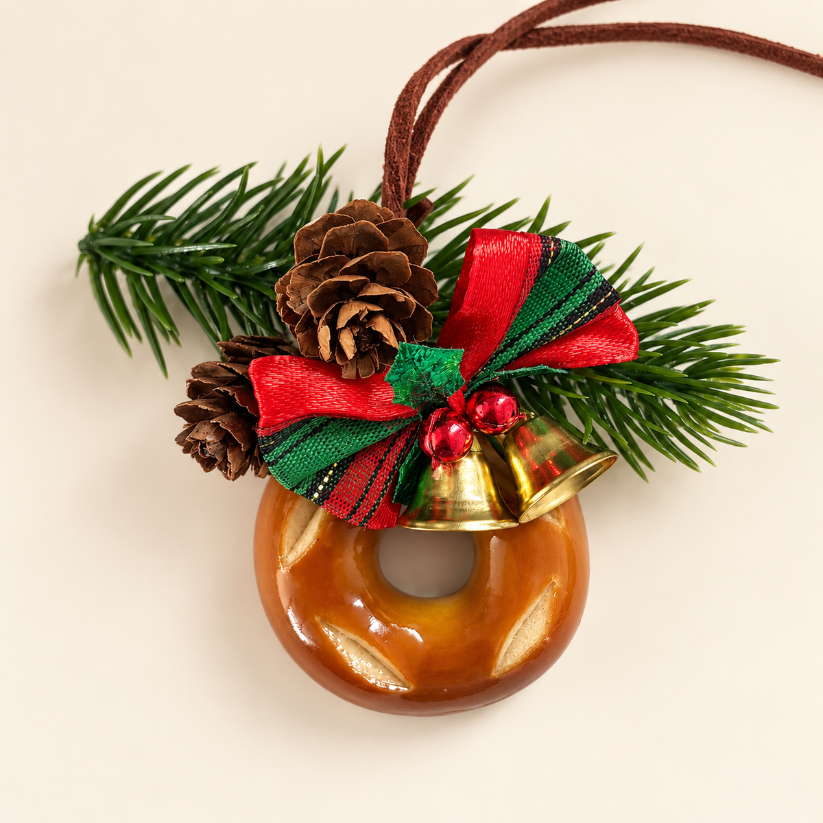 Bagel Christmas ornament hanging from brown cord