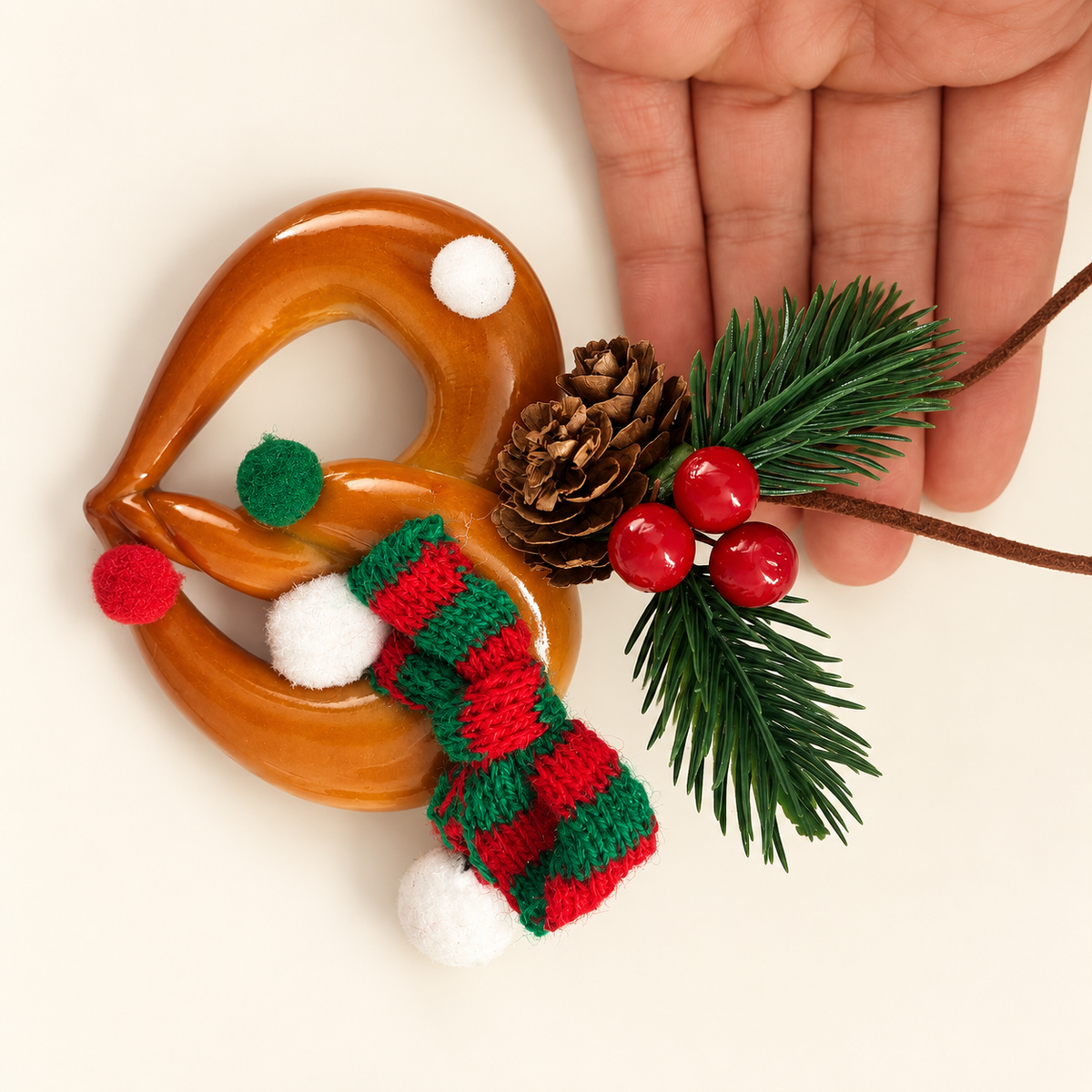 Top view of Christmas Heart Pretzel real bread ornament with red and green scarf, pine cones and berries