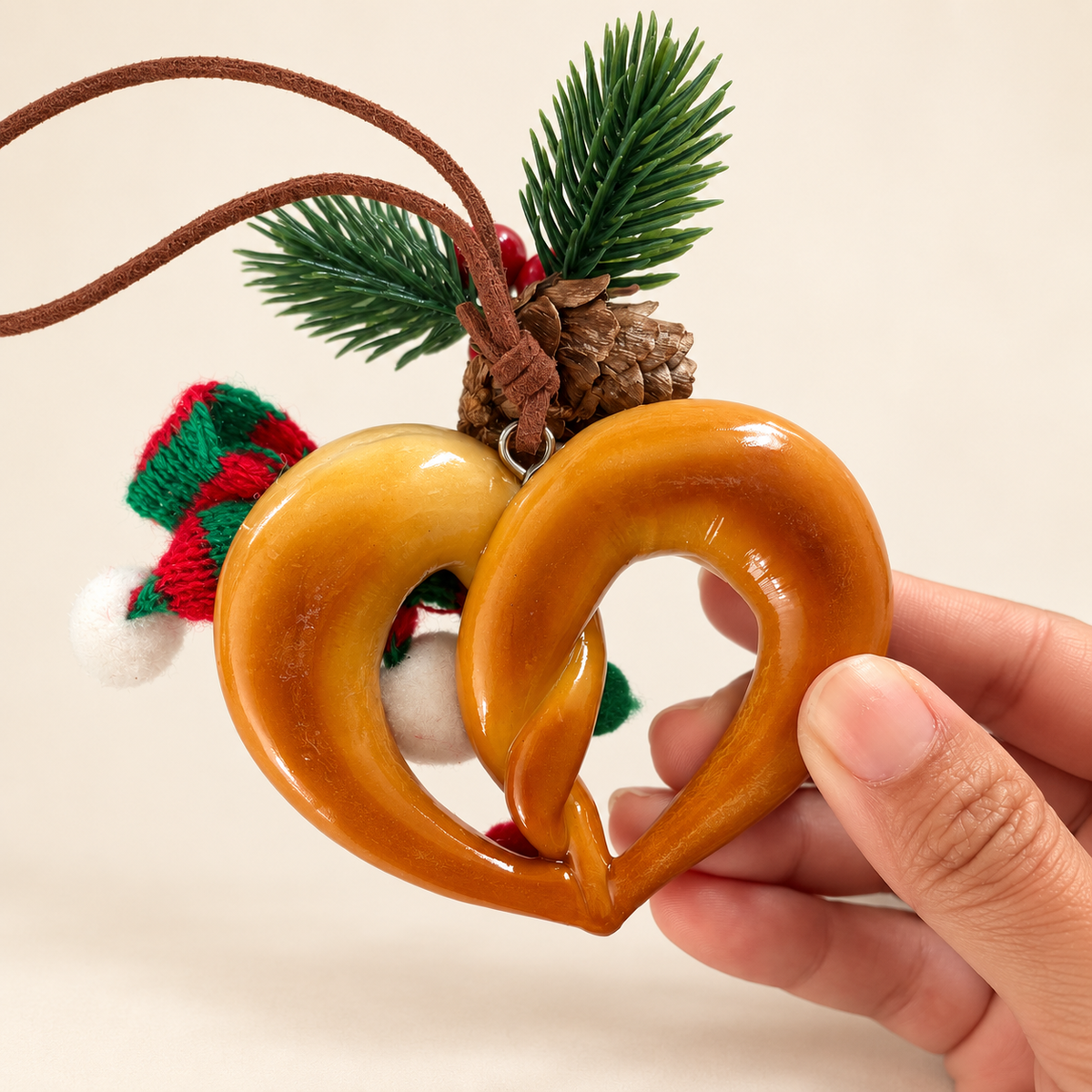 Back view of Christmas Heart Pretzel real bread ornament showing brown hanging cord