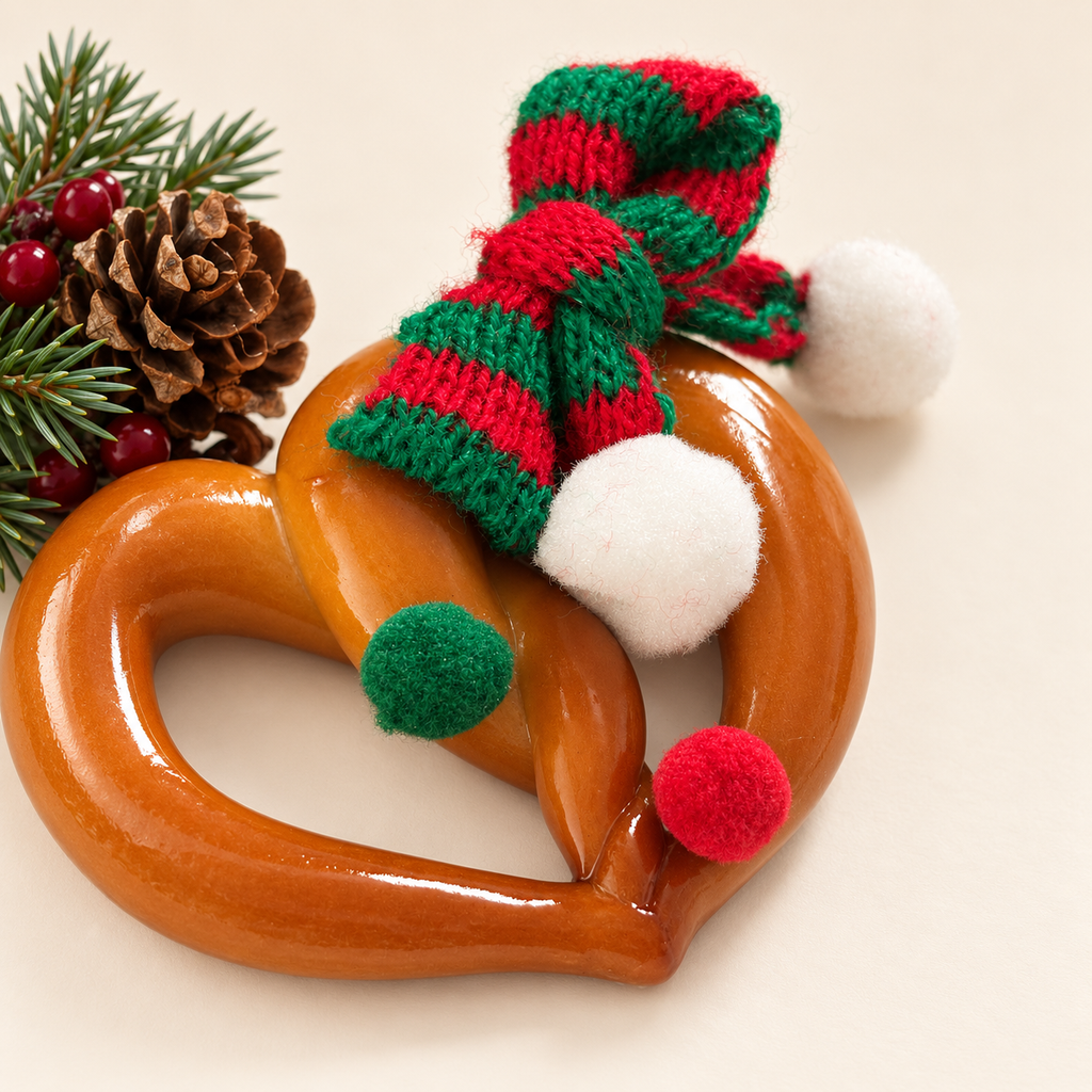 Close-up of knitted red and green scarf on Christmas Heart Pretzel real bread ornament