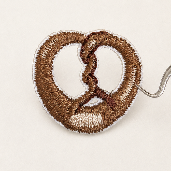 Pretzel embroidered sticker patch held with tweezers
